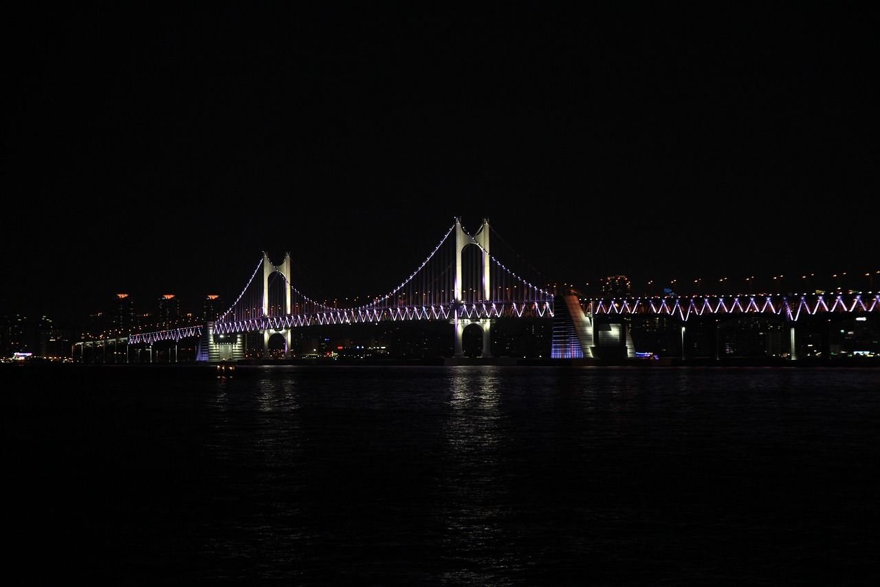 Gwangan Bridge lit up in purple light at night, the bridge structure filling the frame