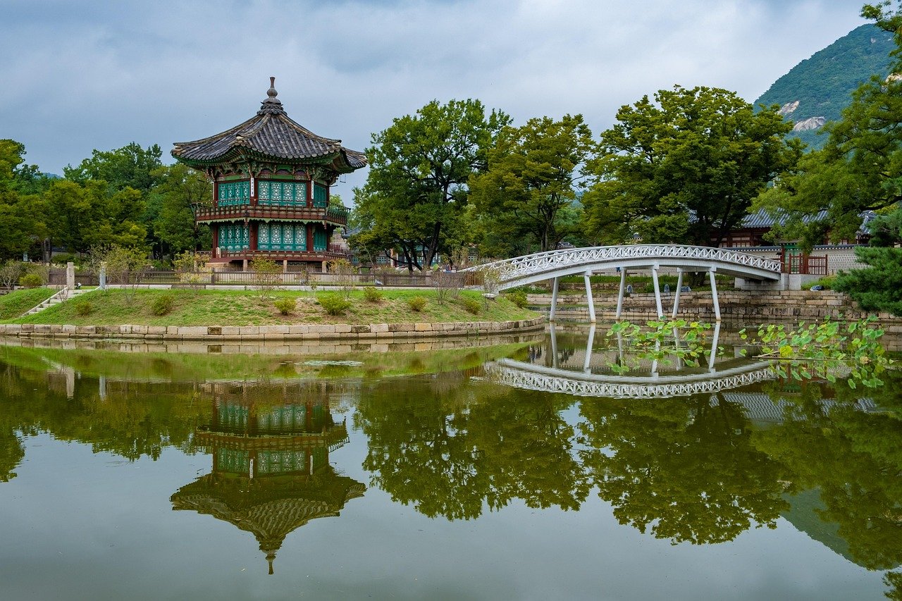 Hyangwonjeong Pavilion and pond in the quiet back section of Gyeongbokgung Palace