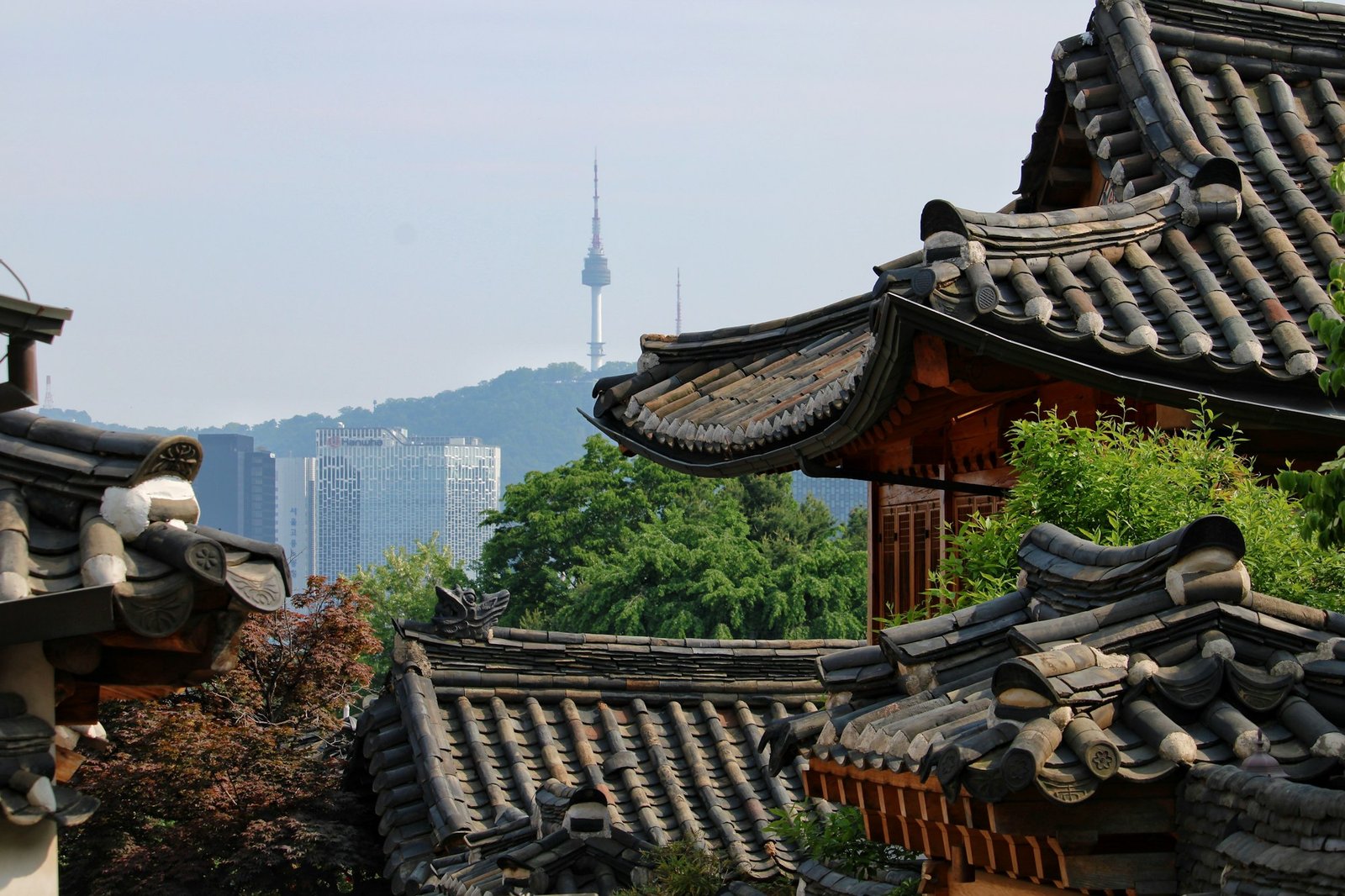 Hanok rooftops in Bukchon Hanok Village with N Seoul Tower visible in the distance
