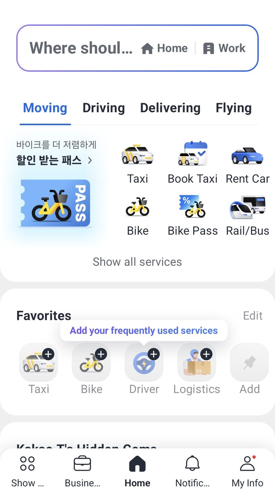 The Kakao T app home screen in English, showing Taxi, Book Taxi, Rent Car, Bike and Rail/Bus services