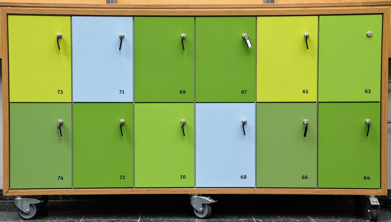 A bank of numbered storage lockers