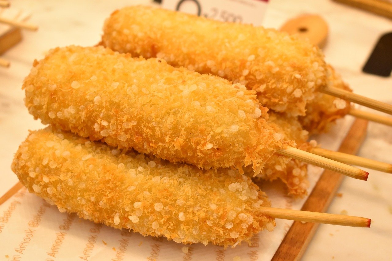 Korean-style corn dogs from a convenience store hot food case