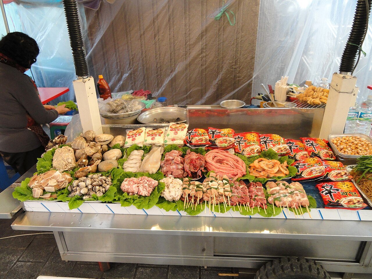A street food display at a market in Seoul