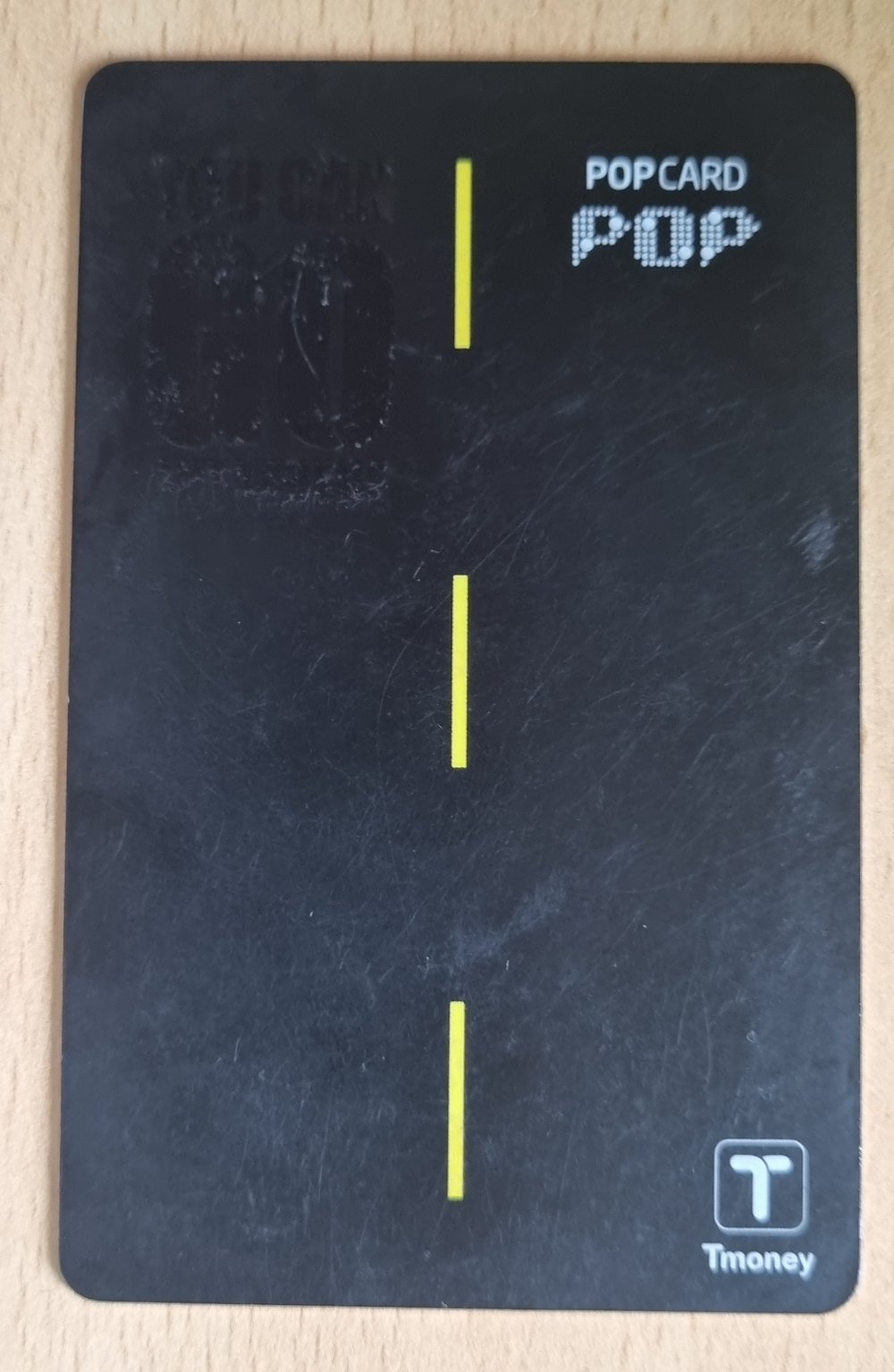 A POP Card, one of the Tmoney-compatible transit cards sold at convenience stores in Korea and used on buses and subways